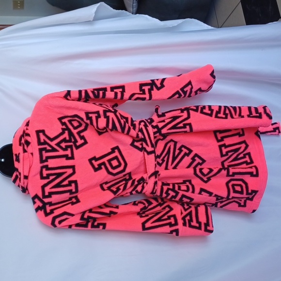 Victoria's Secret XS S Neon Pink Black Plush Cozy Spa Bathrobe Robe - Picture 4 of 6